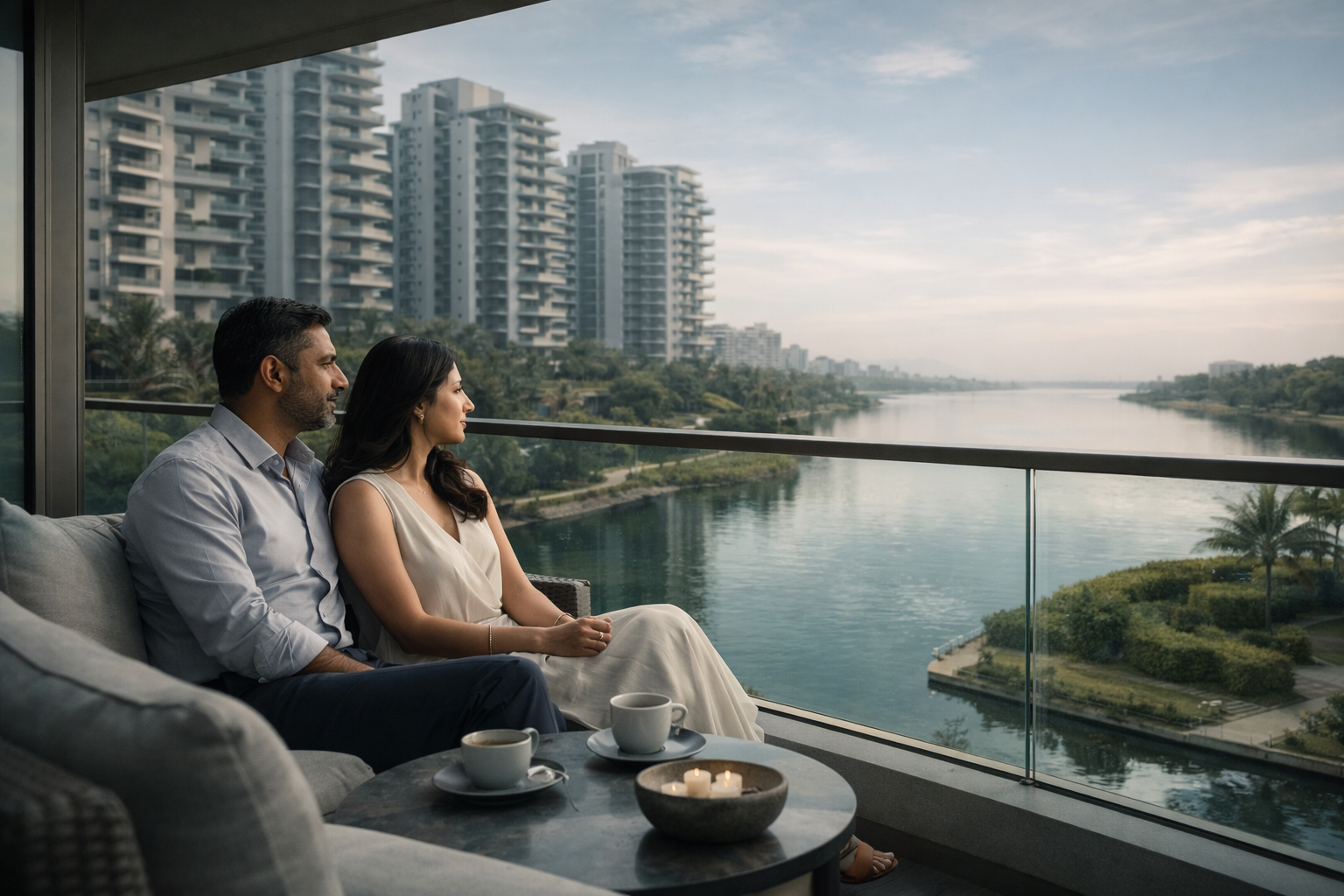 Couple relaxing at Riviera waterfront residence